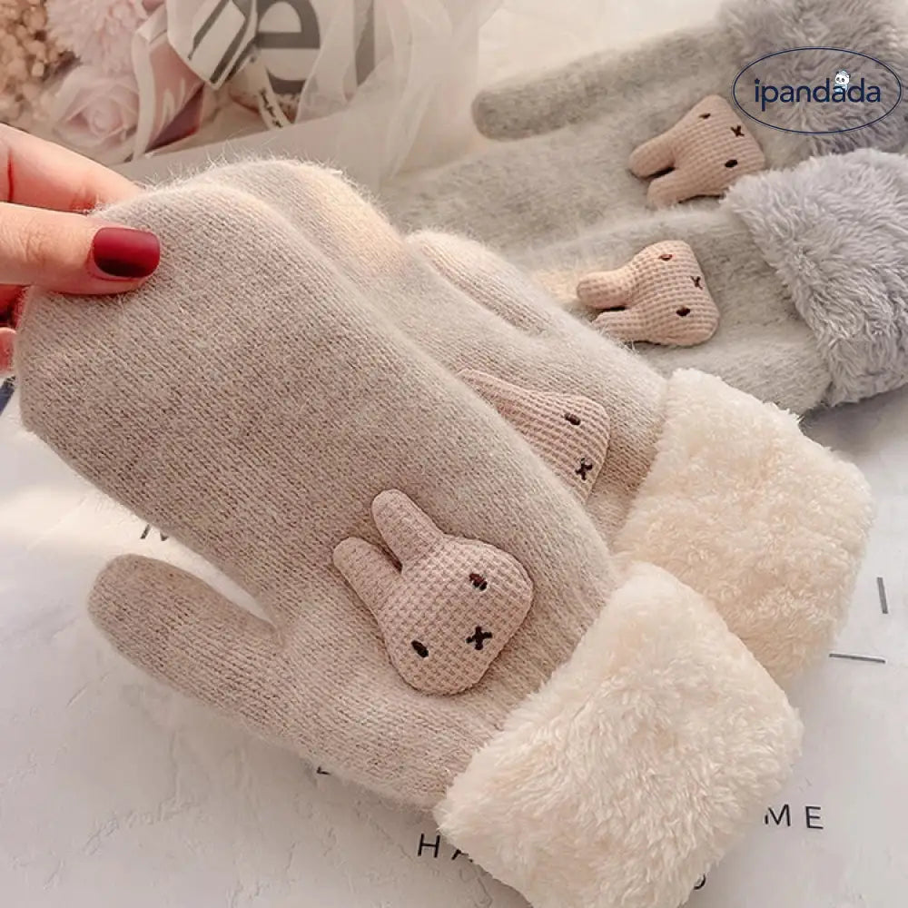 冬の手袋 女性用 加工フリース さらに厚手 ウサギ毛 フィラメント 風防 寒さ対策 韓国風 可愛い カートゥーン 棉包指 連指 保温 ID2818