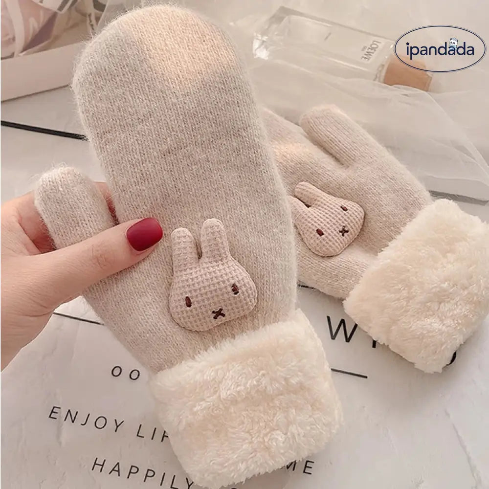 冬の手袋 女性用 加工フリース さらに厚手 ウサギ毛 フィラメント 風防 寒さ対策 韓国風 可愛い カートゥーン 棉包指 連指 保温 ID2818
