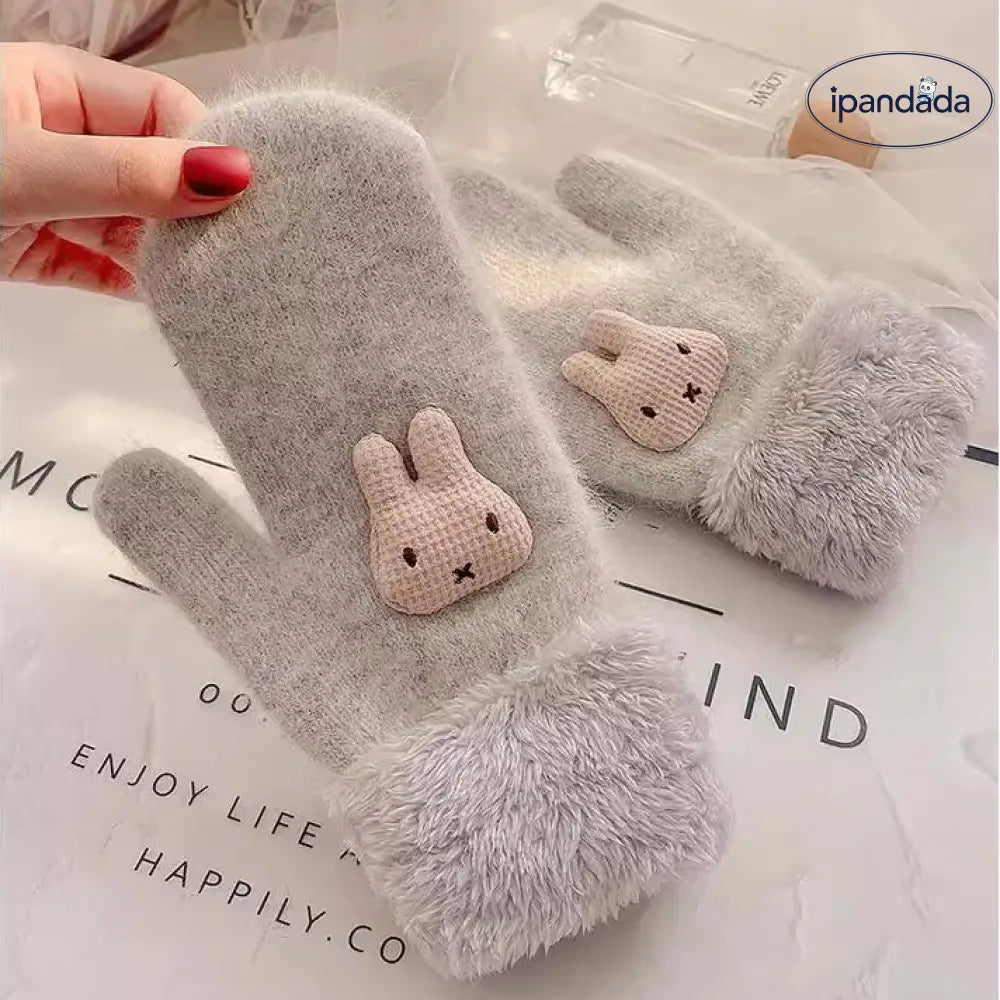 冬の手袋 女性用 加工フリース さらに厚手 ウサギ毛 フィラメント 風防 寒さ対策 韓国風 可愛い カートゥーン 棉包指 連指 保温 ID2818