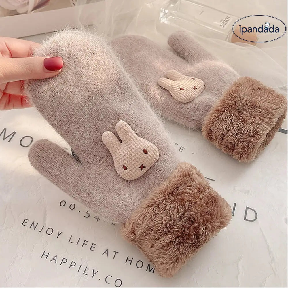 冬の手袋 女性用 加工フリース さらに厚手 ウサギ毛 フィラメント 風防 寒さ対策 韓国風 可愛い カートゥーン 棉包指 連指 保温 ID2818