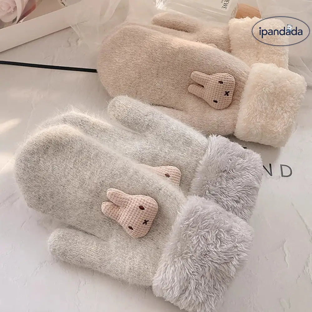 冬の手袋 女性用 加工フリース さらに厚手 ウサギ毛 フィラメント 風防 寒さ対策 韓国風 可愛い カートゥーン 棉包指 連指 保温 ID2818