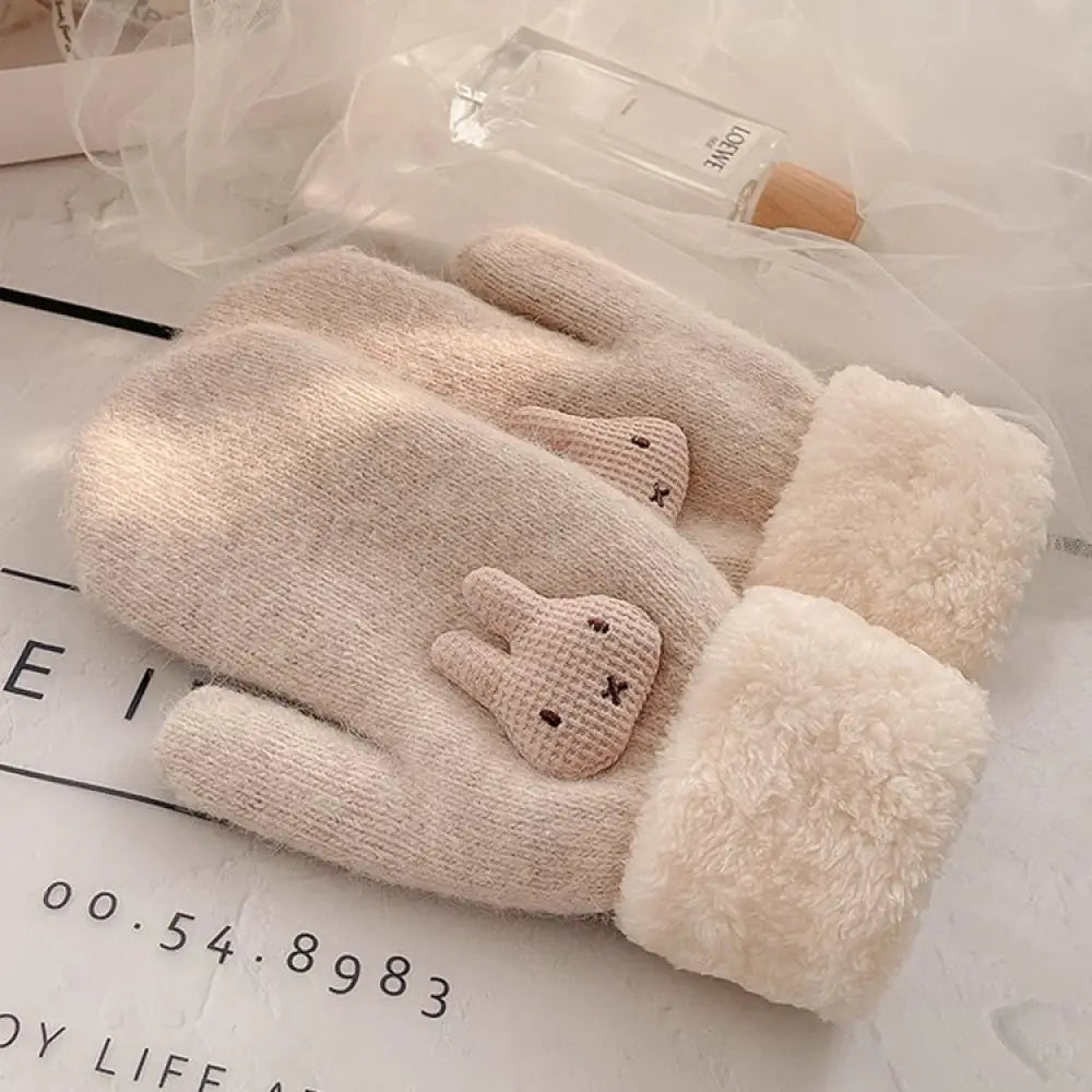 冬の手袋 女性用 加工フリース さらに厚手 ウサギ毛 フィラメント 風防 寒さ対策 韓国風 可愛い カートゥーン 棉包指 連指 保温 ID2818