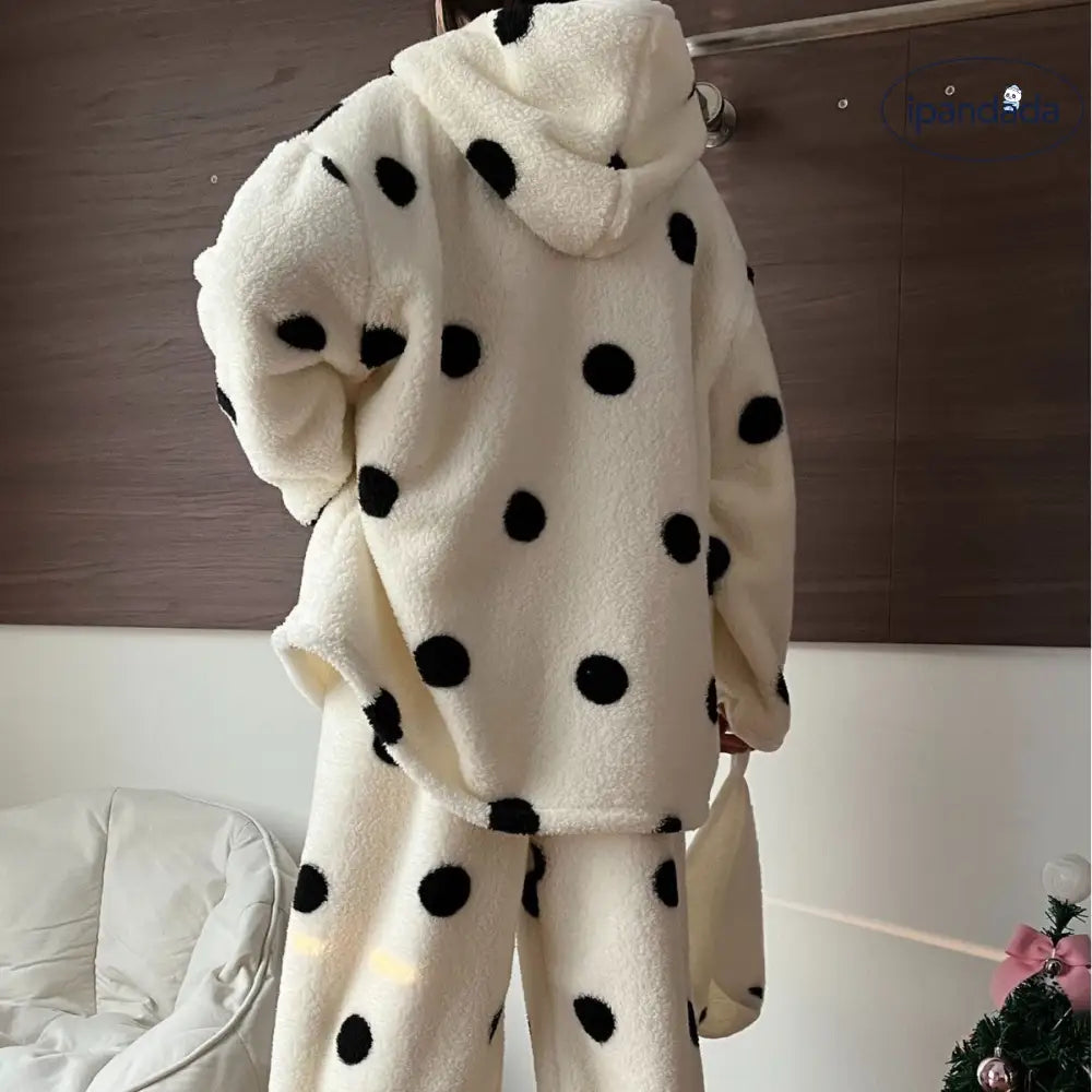 ドット柄 フード付き ストリング ラウンジウェア セットアップ 秋冬用 フリース 厚手 保温 パジャマ ID3486