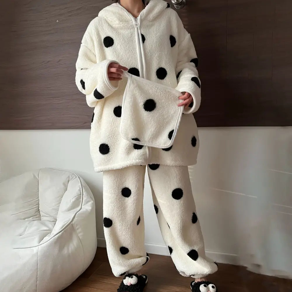 ドット柄 フード付き ストリング ラウンジウェア セットアップ 秋冬用 フリース 厚手 保温 パジャマ ID3486 写真通り / S
