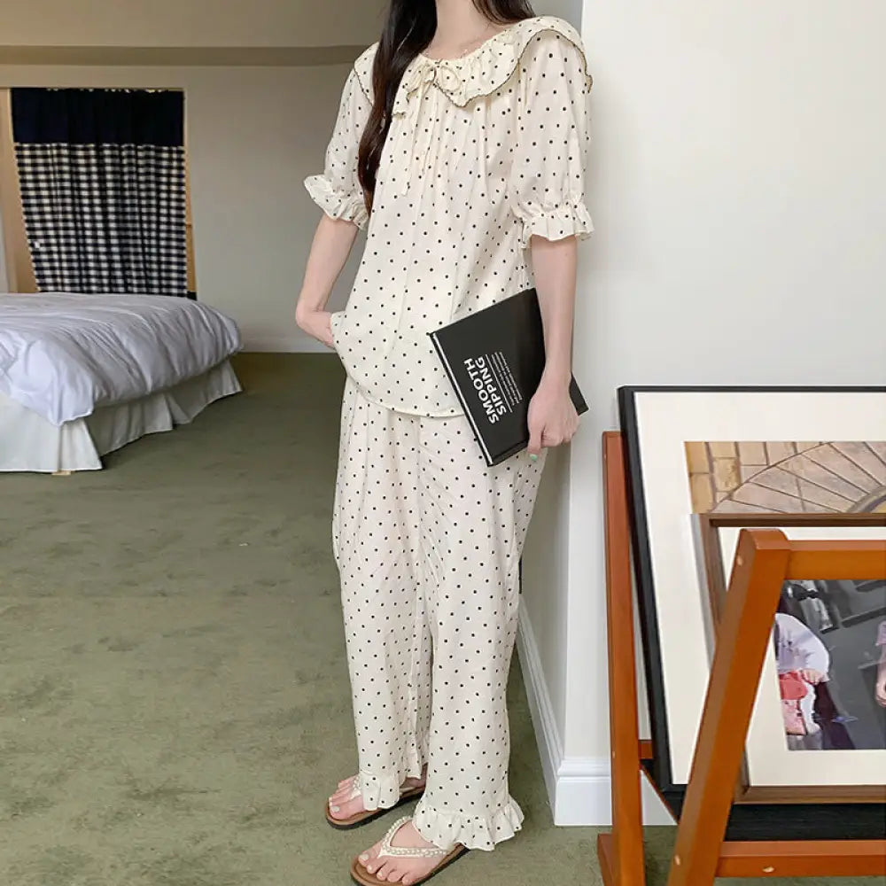ID1164 ドット柄 パジャマセット フレンチレトロ ドールカラー 夏用 半袖 ロングパンツ 新作 ホームウェアセット 綿100% 女性用 涼感 シンプル レディース＞セットアップ