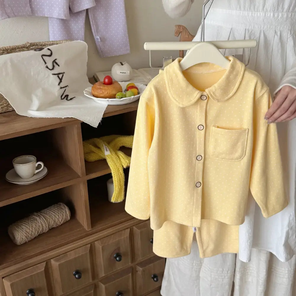 ドット ボタン開き 襟付き 子供 パジャマ セット 春秋 長袖 ベビー キッズ 男の子 女の子 ルームウェア かわいい 2点セット 水玉 ID4030 イエロー / 80cm
