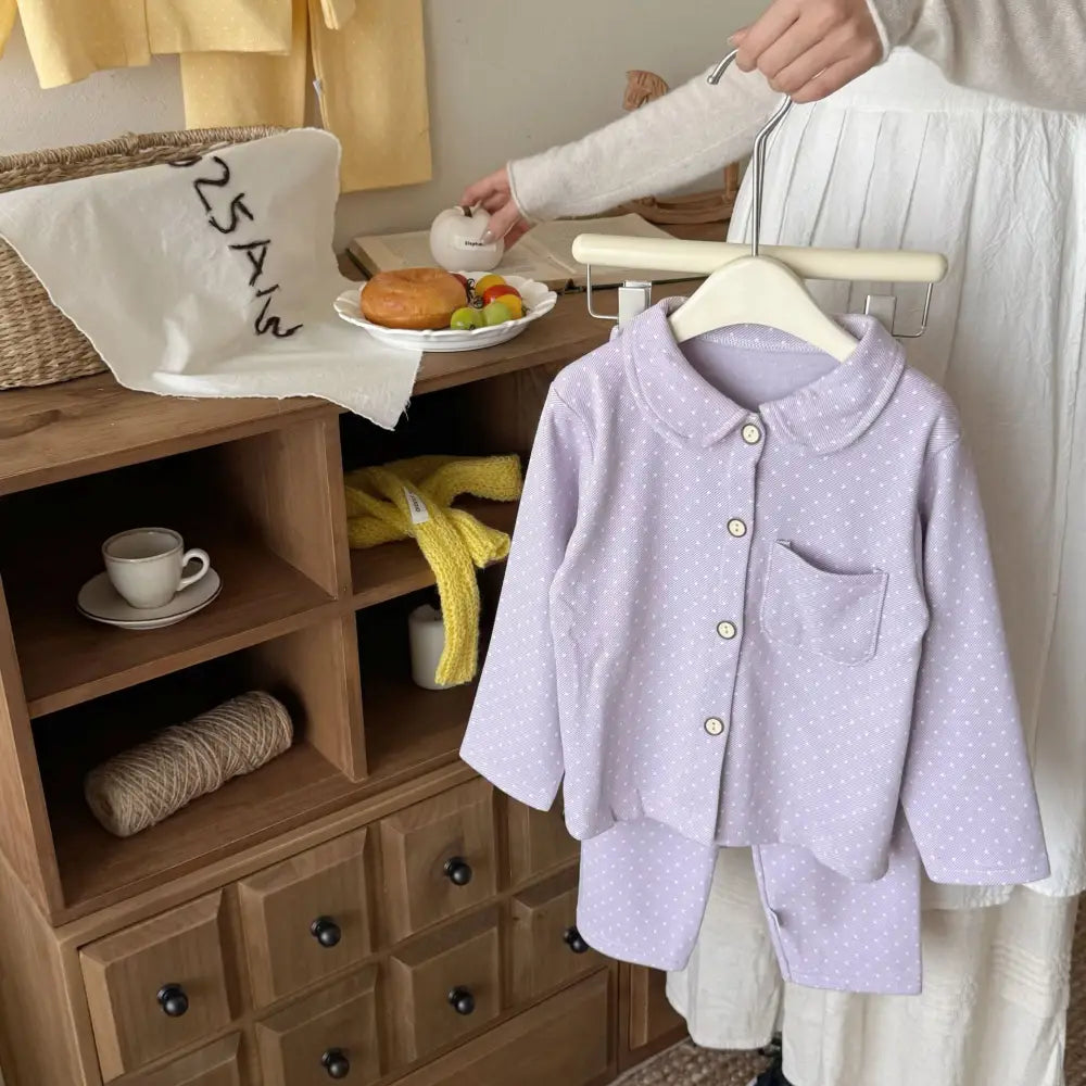 ドット ボタン開き 襟付き 子供 パジャマ セット 春秋 長袖 ベビー キッズ 男の子 女の子 ルームウェア かわいい 2点セット 水玉 ID4030 パープル / 80cm