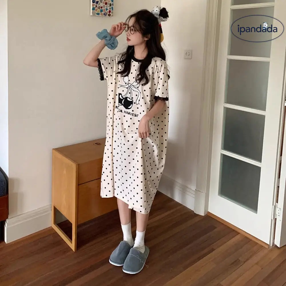 ドット チェリー リボン ショートスリーブ パジャマ レディース 夏用 薄手 ゆったり ミディ丈 ワンピース ID1849
