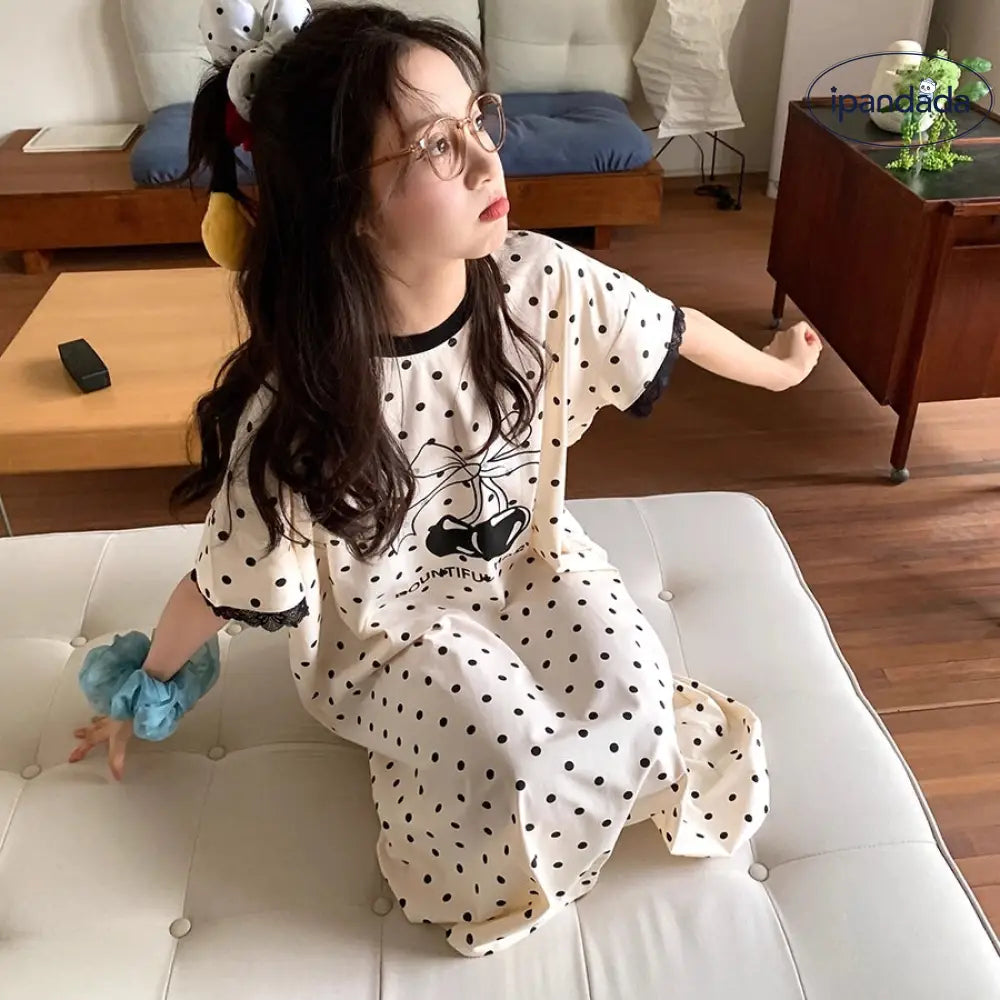 ドット チェリー リボン ショートスリーブ パジャマ レディース 夏用 薄手 ゆったり ミディ丈 ワンピース ID1849