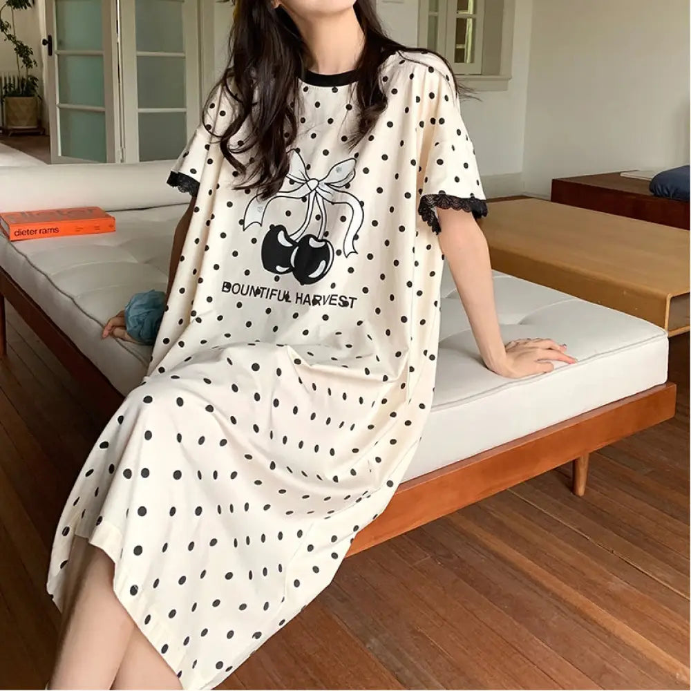ドット チェリー リボン ショートスリーブ パジャマ レディース 夏用 薄手 ゆったり ミディ丈 ワンピース ID1849