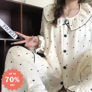 ドット パジャマ セット 春秋 大きいサイズ ルームウェア 女子 新作 長袖 部屋着 大人かわいい 2点セット ID4102 ホワイト / M