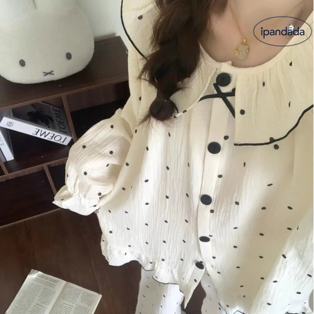 ドット パジャマ セット 春秋 大きいサイズ ルームウェア 女子 新作 長袖 部屋着 大人かわいい 2点セット ID4102