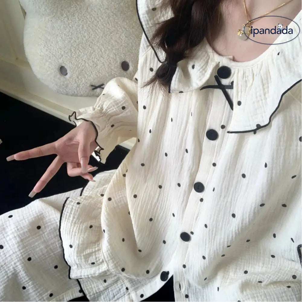 ドット パジャマ セット 春秋 大きいサイズ ルームウェア 女子 新作 長袖 部屋着 大人かわいい 2点セット ID4102