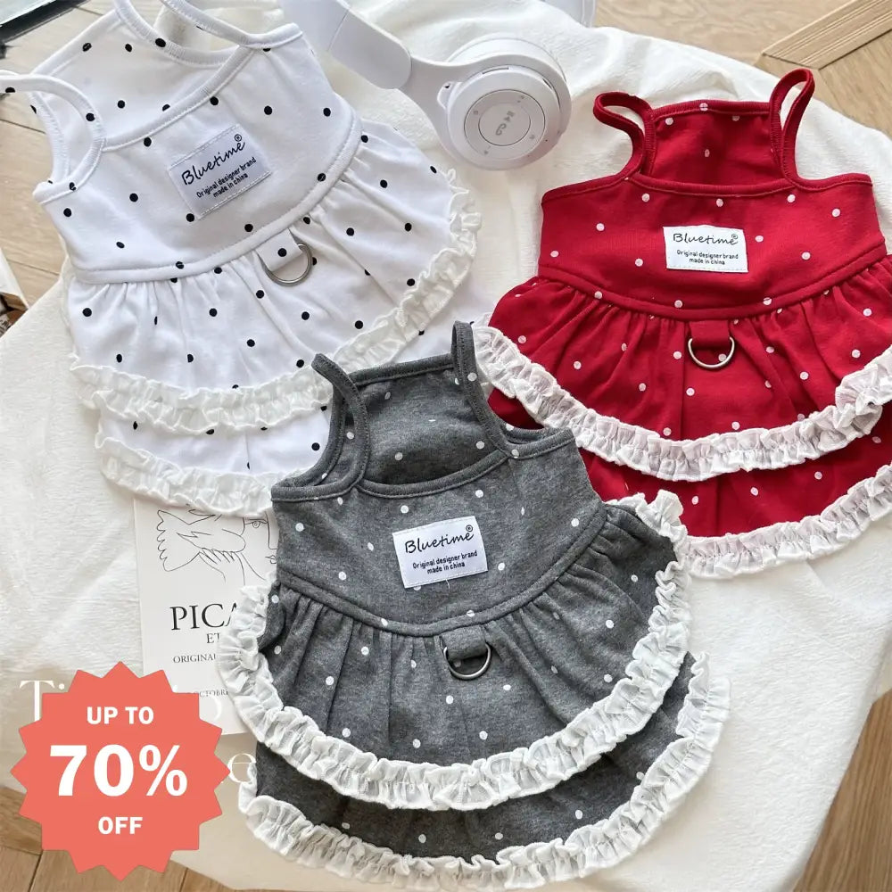 ドット プリント フリル レース ストラップ ワンピース 綿100% 犬用 ウェストハイランド ビション ドレス 子猫 プリンセス ドレス 春秋 トイプードル 秋 涼しい 軽量 快適 おしゃれ 小型犬 室内用 外出用 キュート デザイン ペットウェア ID2369