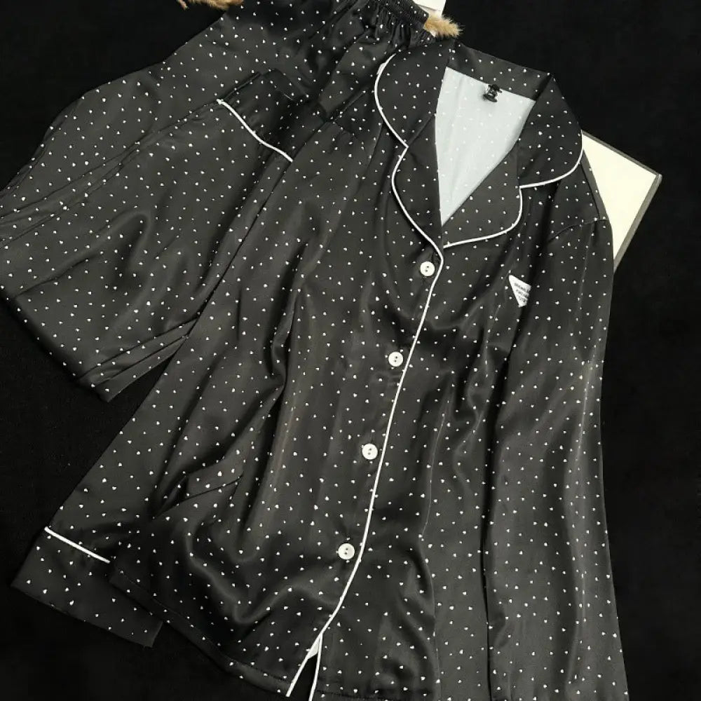 ドット レディース 韓国風 2点セット ゆったり パジャマ 部屋着 シルクタッチ 春夏用 パジャマ ルームウェア 前開 プレゼント ギフト ID4434 ブラック / M レディース＞セットアップ