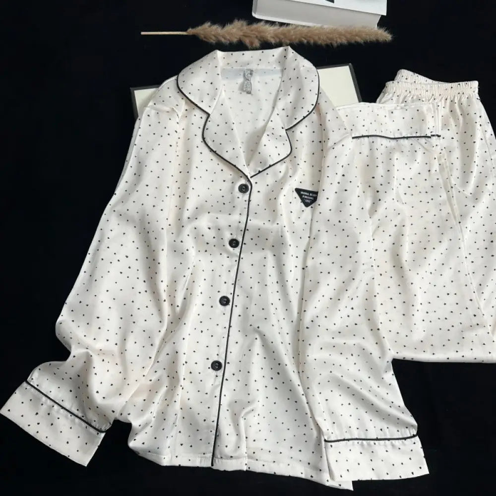 ドット レディース 韓国風 2点セット ゆったり パジャマ 部屋着 シルクタッチ 春夏用 パジャマ ルームウェア 前開 プレゼント ギフト ID4434 ホワイト / M レディース＞セットアップ