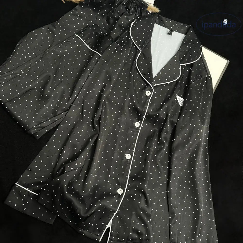 ドット レディース 韓国風 2点セット ゆったり パジャマ 部屋着 シルクタッチ 春夏用 パジャマ ルームウェア 前開 プレゼント ギフト ID4434 レディース＞セットアップ