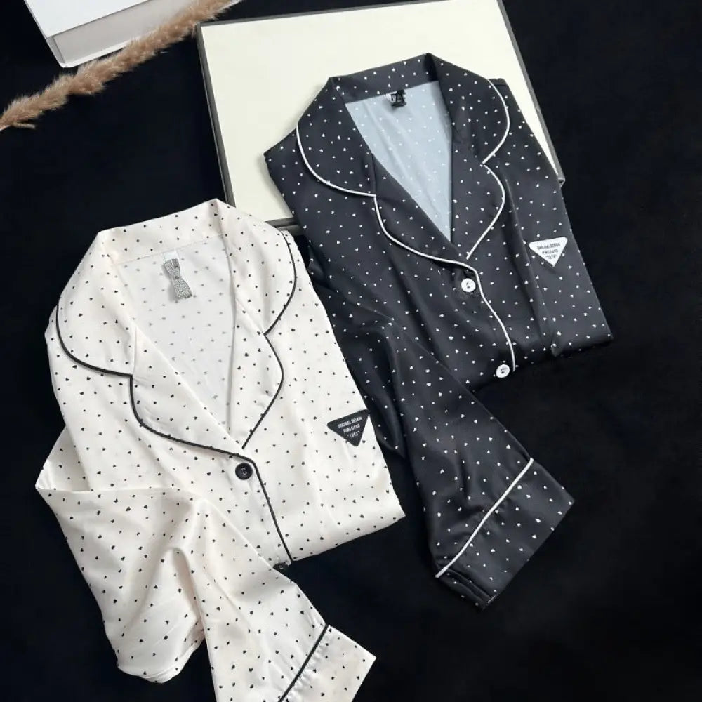 ドット レディース 韓国風 2点セット ゆったり パジャマ 部屋着 シルクタッチ 春夏用 パジャマ ルームウェア 前開 プレゼント ギフト ID4434 レディース＞セットアップ