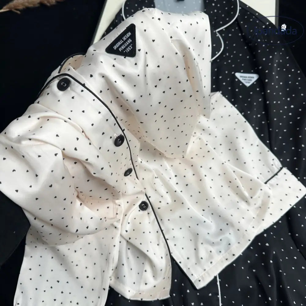 ドット レディース 韓国風 2点セット ゆったり パジャマ 部屋着 シルクタッチ 春夏用 パジャマ ルームウェア 前開 プレゼント ギフト ID4434 レディース＞セットアップ