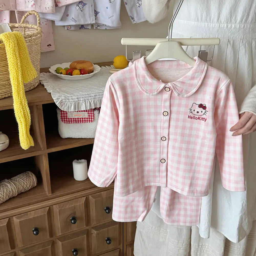 多色展開 キティ キッズ パジャマ セット 長袖 開襟シャツ 中童 大童 男女兼用 秋 春 キャラクター 2点セット 暖かい ID4032 タイプ⑦ / 80cm ベビー＆キッズ＞キッズ