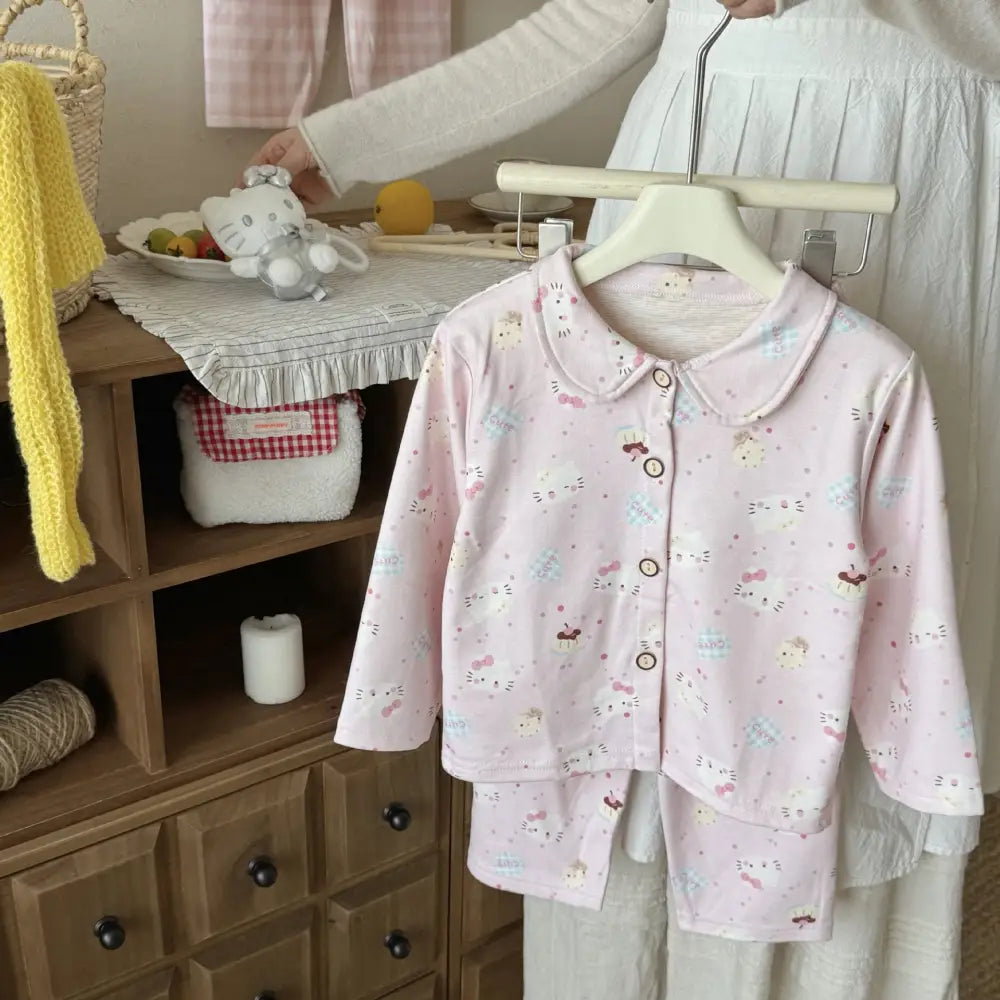 多色展開 キティ キッズ パジャマ セット 長袖 開襟シャツ 中童 大童 男女兼用 秋 春 キャラクター 2点セット 暖かい ID4032 タイプ⑨ / 80cm ベビー＆キッズ＞キッズ