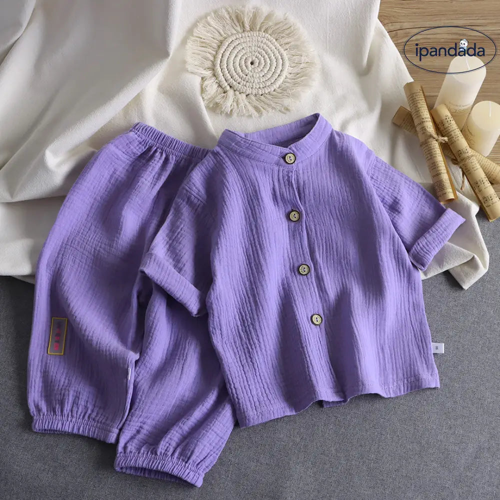ID654 多色展開 綿麻 パジャマ ベビー パジャマ風 新生児服 夏用 前開き 子供服 出産祝い 春秋 赤ちゃん 子供 女の子 男の子 ルームウェア 上下 かわいい パープル2 / 80cm ベビー＆キッズ＞ベビー
