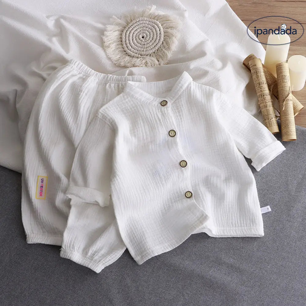 ID654 多色展開 綿麻 パジャマ ベビー パジャマ風 新生児服 夏用 前開き 子供服 出産祝い 春秋 赤ちゃん 子供 女の子 男の子 ルームウェア 上下 かわいい ホワイト / 80cm ベビー＆キッズ＞ベビー