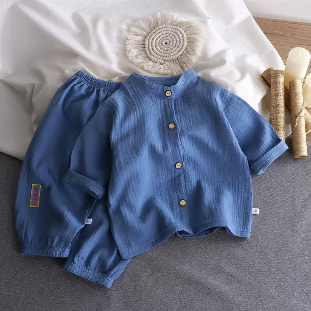 ID654 多色展開 綿麻 パジャマ ベビー パジャマ風 新生児服 夏用 前開き 子供服 出産祝い 春秋 赤ちゃん 子供 女の子 男の子 ルームウェア 上下 かわいい ブルー / 80cm ベビー＆キッズ＞ベビー