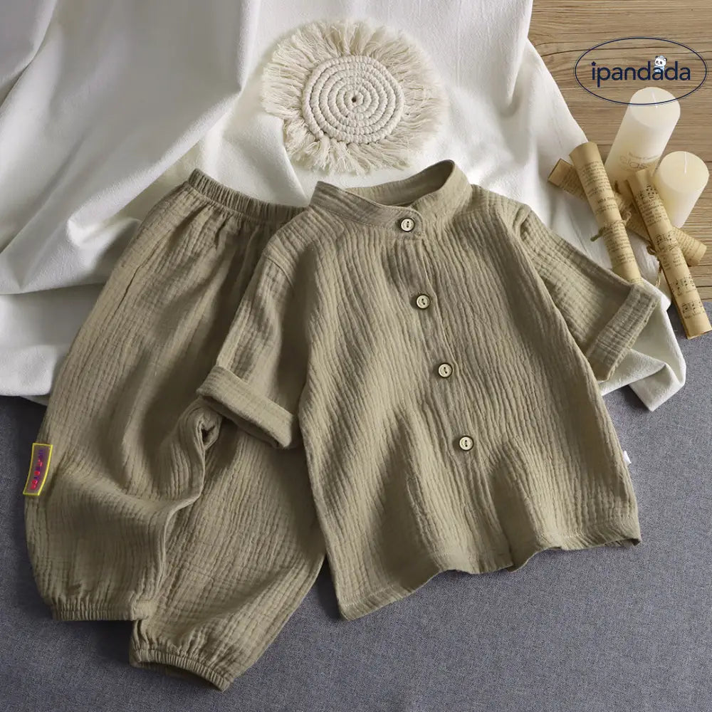 ID654 多色展開 綿麻 パジャマ ベビー パジャマ風 新生児服 夏用 前開き 子供服 出産祝い 春秋 赤ちゃん 子供 女の子 男の子 ルームウェア 上下 かわいい グレー / 80cm ベビー＆キッズ＞ベビー