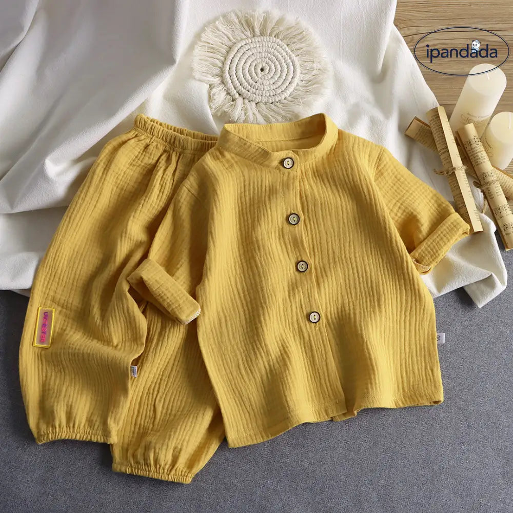 ID654 多色展開 綿麻 パジャマ ベビー パジャマ風 新生児服 夏用 前開き 子供服 出産祝い 春秋 赤ちゃん 子供 女の子 男の子 ルームウェア 上下 かわいい イエロー / 80cm ベビー＆キッズ＞ベビー