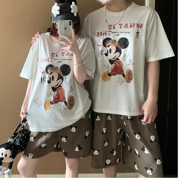 カップル パジャマ レディース 夏 半袖 ショートパンツ セット かわいい カートゥーン ミッキー メンズ プルオーバー ルームウェア 肌にやさしい 快適 ゆったり ID4718