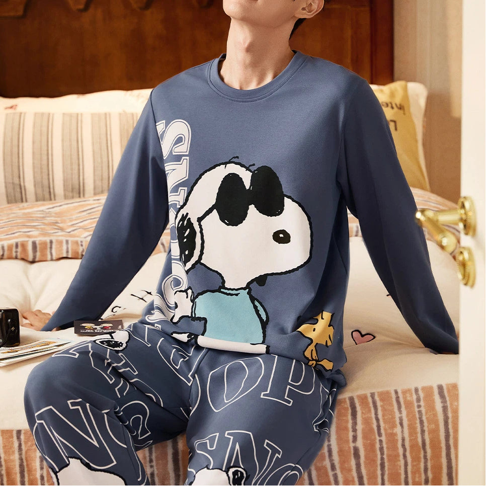 【ギフト】スヌーピー パジャマ メンズ 春 長袖 柔らか 肌触り かわいい キャラクター カジュアル 青少年 ジュニア 男子 中学生 高校生 部屋着 ルームウェア セットアップ おしゃれ リラックス プレゼント ギフト ID4242