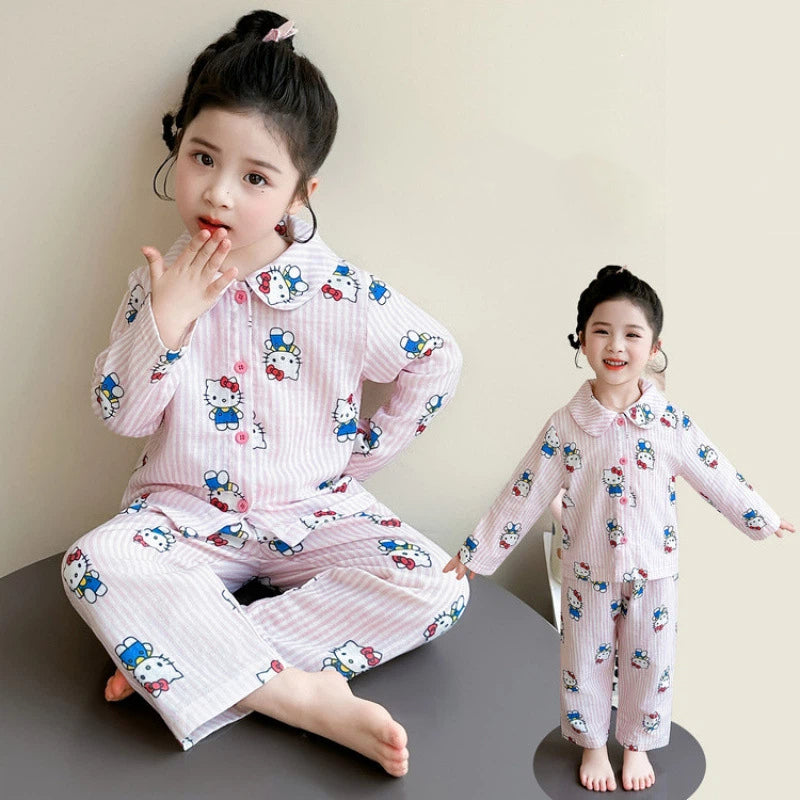ハローキティ パジャマ 女の子 春 ガーゼ ボーダー柄 ストライプ かわいい キャラクター 長袖 前開き カーディガンタイプ 子供 キッズ ルームウェア 部屋着 セットアップ おしゃれ 着回し 便利 入園準備 ギフト ID4240