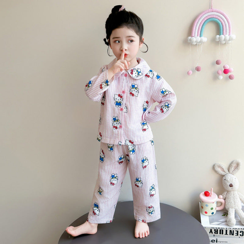 ハローキティ パジャマ 女の子 春 ガーゼ ボーダー柄 ストライプ かわいい キャラクター 長袖 前開き カーディガンタイプ 子供 キッズ ルームウェア 部屋着 セットアップ おしゃれ 着回し 便利 入園準備 ギフト ID4240
