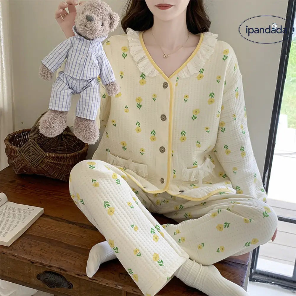 エアコットン インサート パジャマ 女性 秋冬 厚手 ドールカラー 長袖 セット かわいい カートゥーン ルームウェア ID2771