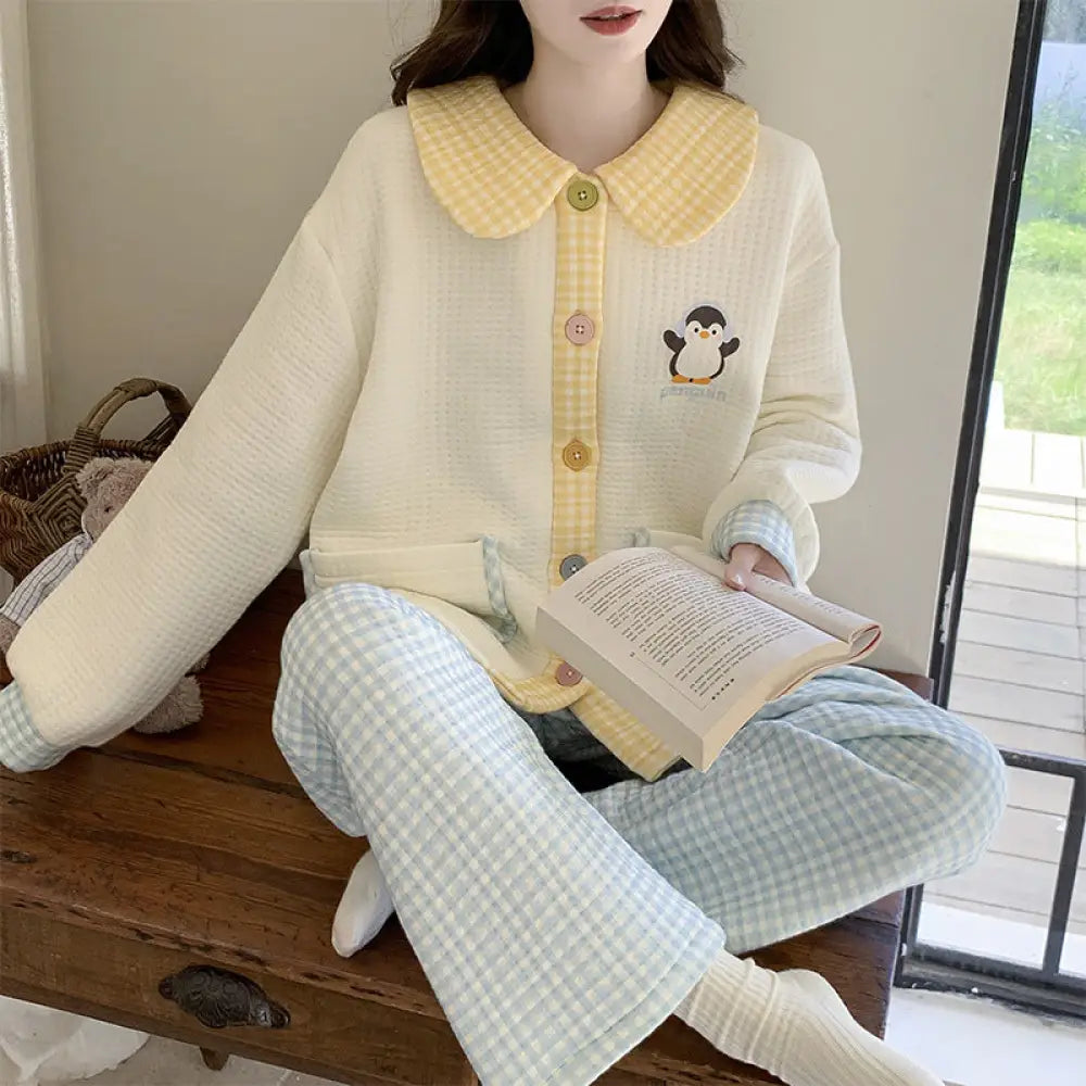 エアコットン インサート パジャマ 女性 秋冬 厚手 ドールカラー 長袖 セット かわいい カートゥーン ルームウェア ID2771