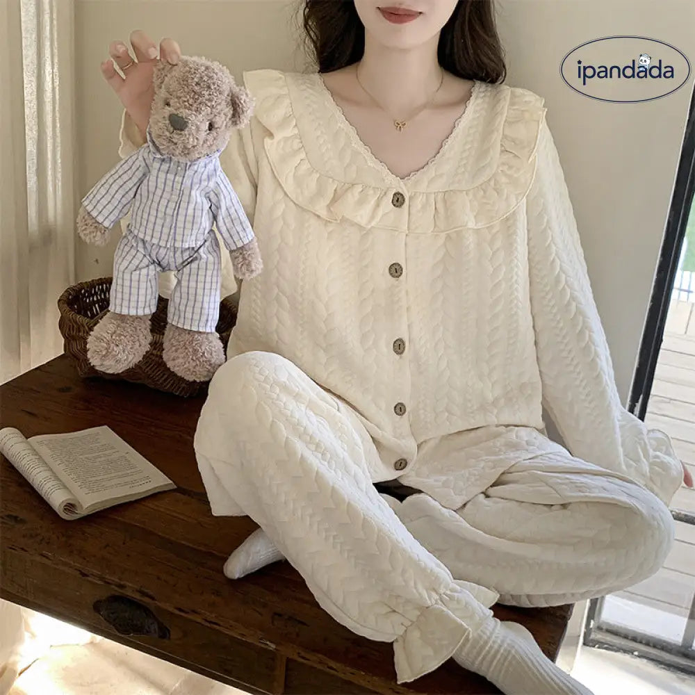 エアコットン インサート パジャマ 女性 秋冬 厚手 ドールカラー 長袖 セット かわいい カートゥーン ルームウェア ID2771