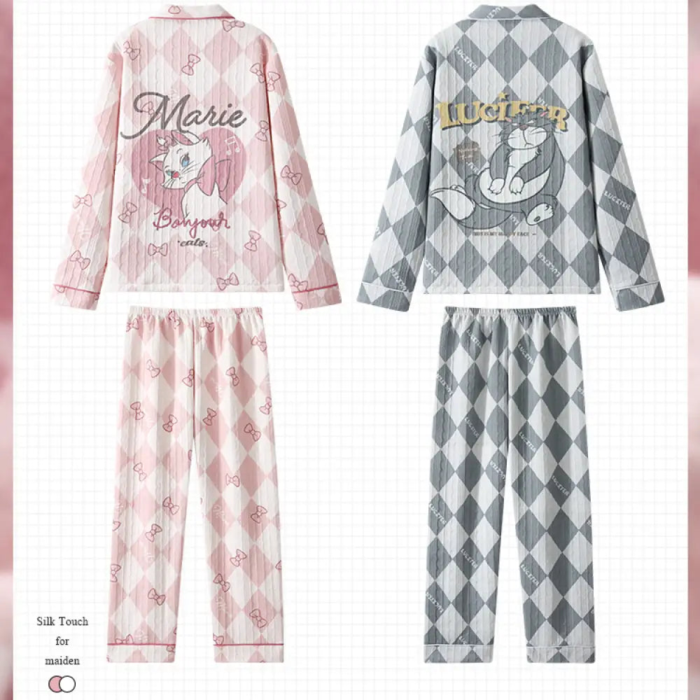 エアコットン キルティング ネコ カップル パジャマ レディース 秋冬 厚手 キルティング 春秋 可愛い カートゥーン メンズ ルームウェア ID2890
