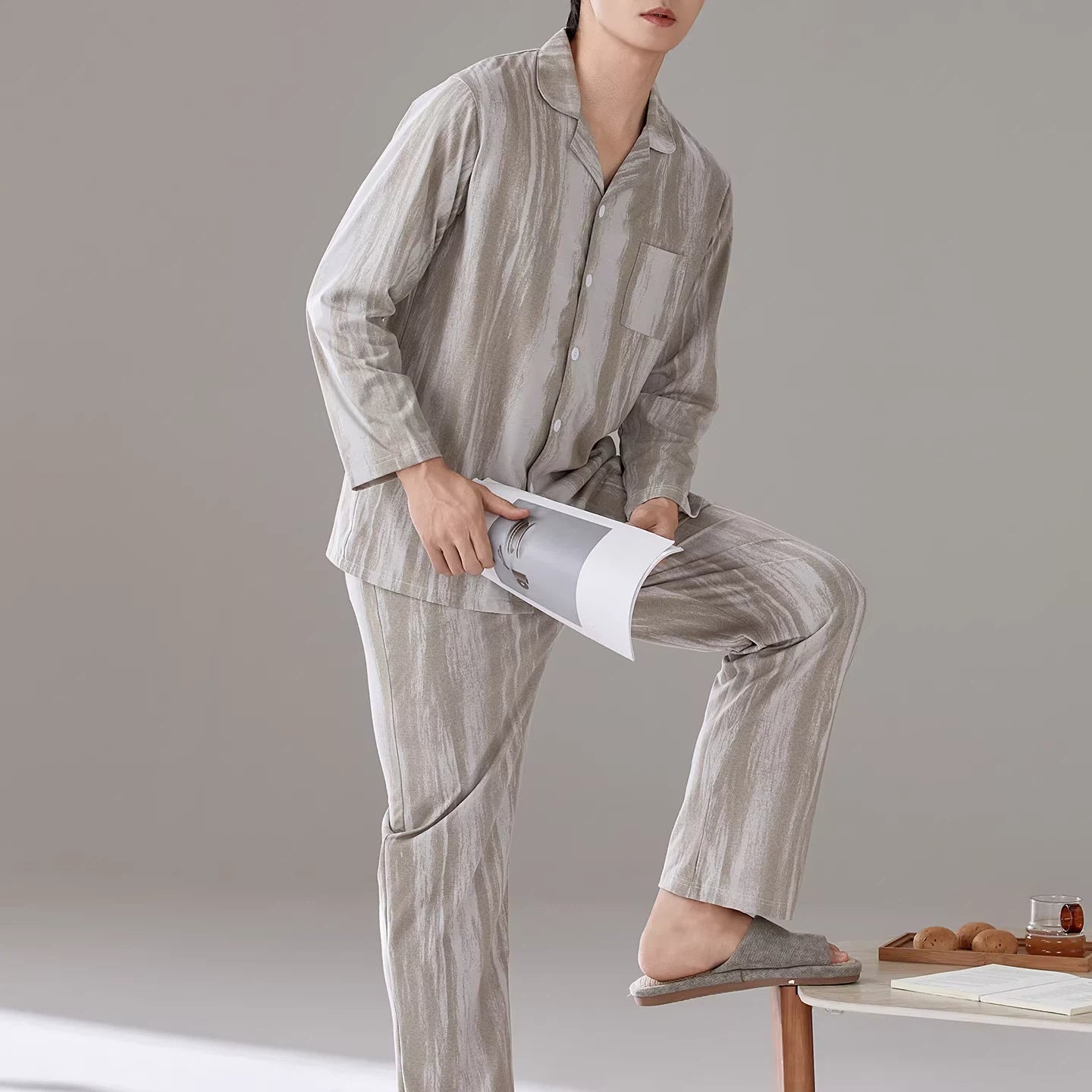 パジャマ メンズ 春秋 綿 長袖 ストライプ シンプル カジュアル ゆったり  ルームウェア 綿 長袖 コットン 上下セット ID4281