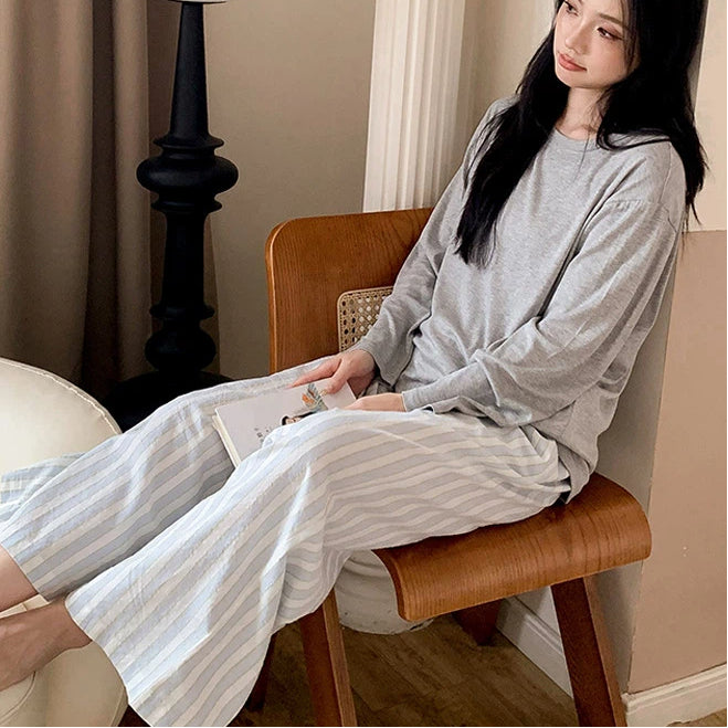 ルームウェア セット レディース ゆったり カジュアル ストライプ ラウンドネック 長袖 ロングパンツ パジャマ 入院 出産 部屋着 寝巻き ID4284