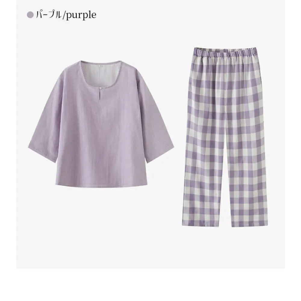 二重ガーゼ 綿 ルームウェア パジャマ レディース 半袖 五分袖 キーネック ダブルガーゼ 春 秋 可愛い チェック ナイトウェア 5分袖&7分ズボン ガーゼ 上下セット 部屋着 母の日 通気性がよく蒸れにくい 柔らかい 優れた