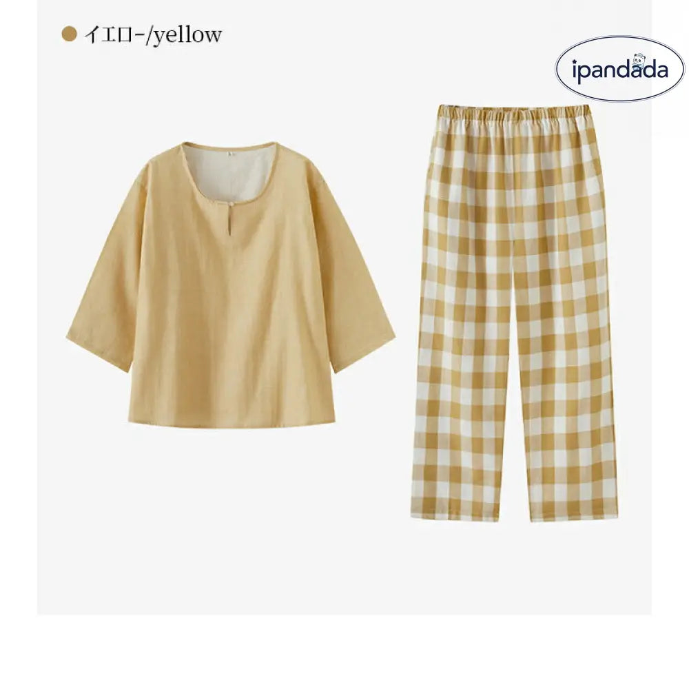 二重ガーゼ 綿 ルームウェア パジャマ レディース 半袖 五分袖 キーネック ダブルガーゼ 春 秋 可愛い チェック ナイトウェア 5分袖&7分ズボン ガーゼ 上下セット 部屋着 母の日 通気性がよく蒸れにくい 柔らかい 優れた