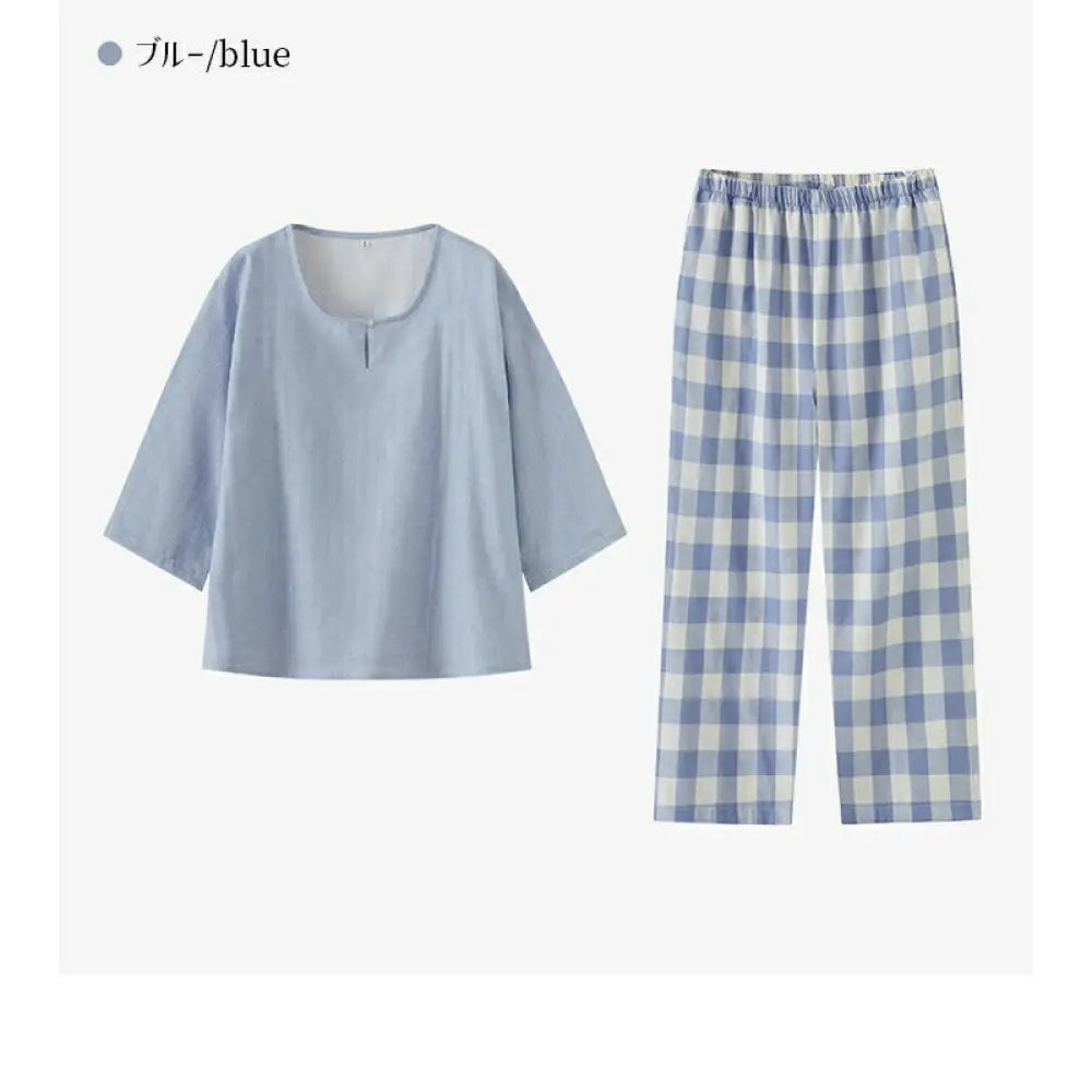 二重ガーゼ 綿 ルームウェア パジャマ レディース 半袖 五分袖 キーネック ダブルガーゼ 春 秋 可愛い チェック ナイトウェア 5分袖&7分ズボン ガーゼ 上下セット 部屋着 母の日 通気性がよく蒸れにくい 柔らかい 優れた