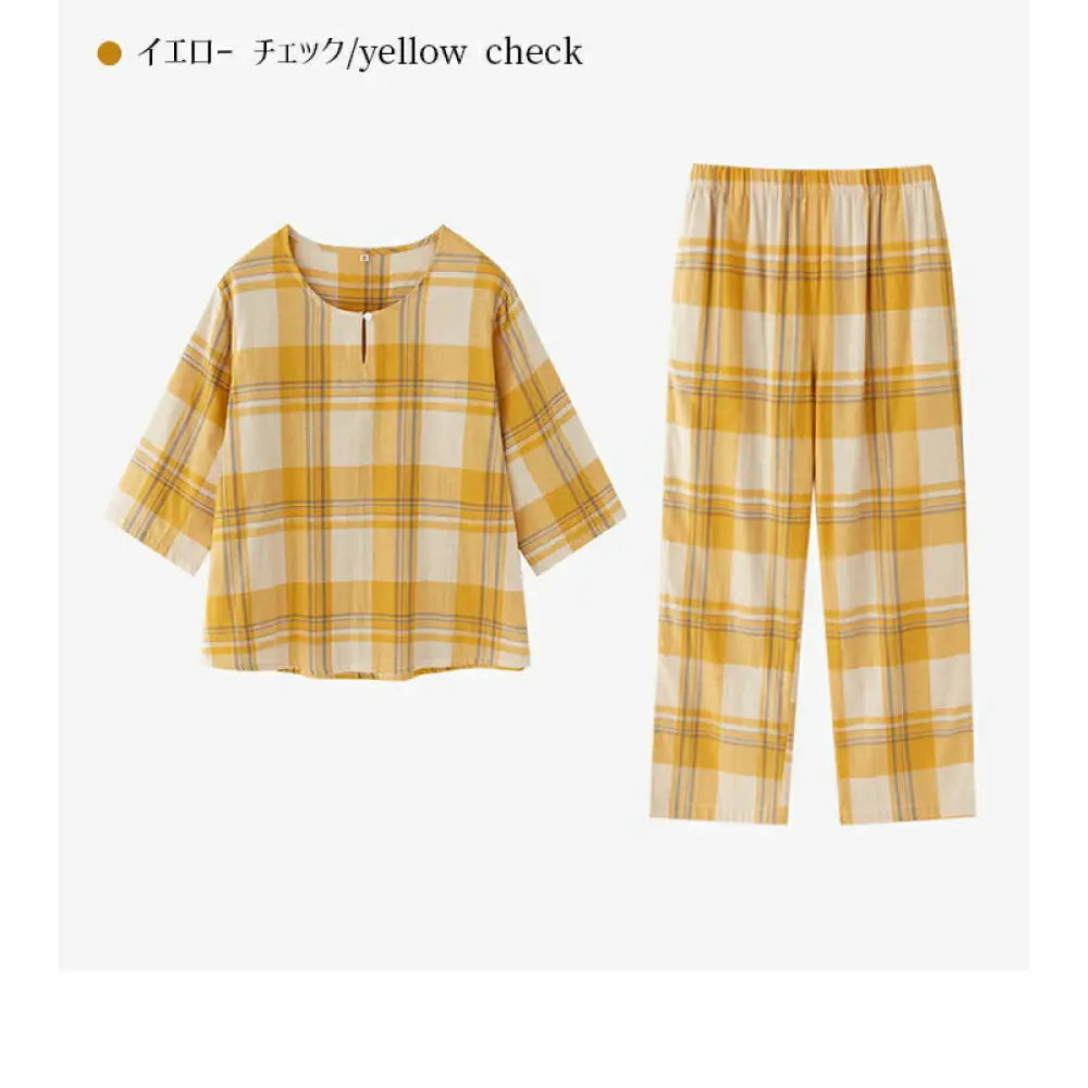 二重ガーゼ 綿 ルームウェア パジャマ レディース 半袖 五分袖 キーネック ダブルガーゼ 春 秋 可愛い チェック ナイトウェア 5分袖&7分ズボン ガーゼ 上下セット 部屋着 母の日 通気性がよく蒸れにくい 柔らかい 優れた