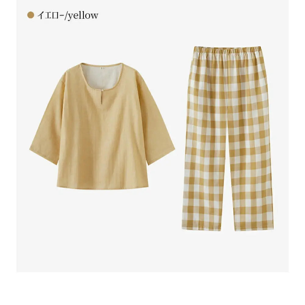 二重ガーゼ 綿 ルームウェア パジャマ レディース 半袖 五分袖 キーネック ダブルガーゼ 春 秋 可愛い チェック ナイトウェア 5分袖&7分ズボン ガーゼ 上下セット 部屋着 母の日 通気性がよく蒸れにくい 柔らかい 優れた