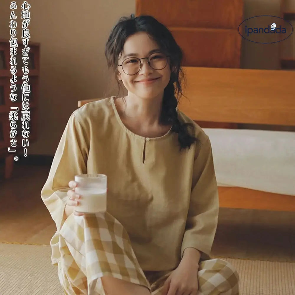 二重ガーゼ 綿 ルームウェア パジャマ レディース 半袖 五分袖 キーネック ダブルガーゼ 春 秋 可愛い チェック ナイトウェア 5分袖&7分ズボン ガーゼ 上下セット 部屋着 母の日 通気性がよく蒸れにくい 柔らかい 優れた ID1883
