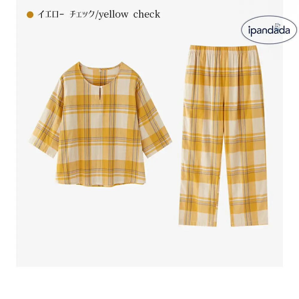 二重ガーゼ 綿 ルームウェア パジャマ レディース 半袖 五分袖 キーネック ダブルガーゼ 春 秋 可愛い チェック ナイトウェア 5分袖&7分ズボン ガーゼ 上下セット 部屋着 母の日 通気性がよく蒸れにくい 柔らかい 優れた
