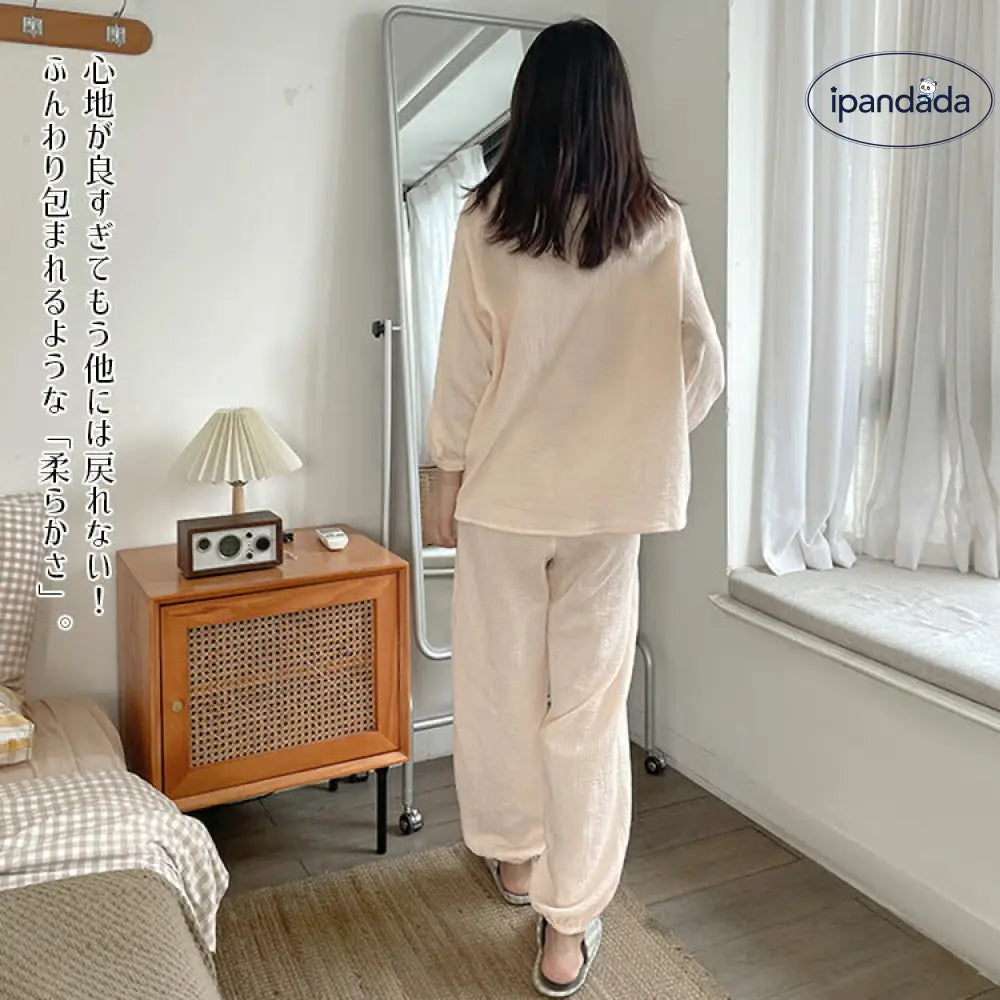二重ガーゼ 綿100% ルームウェア パジャマ レディース 長袖 ダブルガーゼ 春 夏 秋 ふんわり 可愛い ナイトウェア 上下セット 部屋着 蒸れにくい 柔らかい コットン  疲労回復パジャマ ストレス軽減 快適 おうち時間 快眠 ID2091