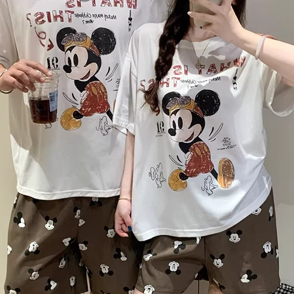 カップル パジャマ レディース 夏 半袖 ショートパンツ セット かわいい カートゥーン ミッキー メンズ プルオーバー ルームウェア 肌にやさしい 快適 ゆったり ID4718