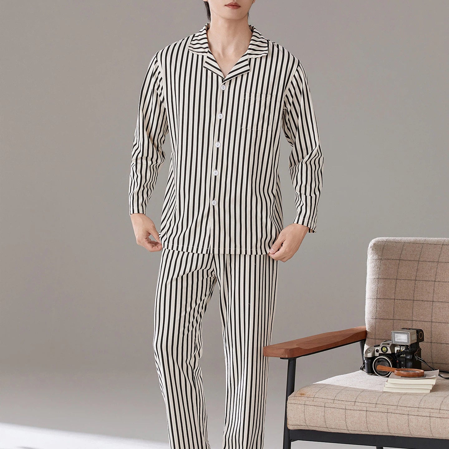 パジャマ メンズ 春秋 綿 長袖 ストライプ シンプル カジュアル ゆったり  ルームウェア 綿 長袖 コットン 上下セット ID4281